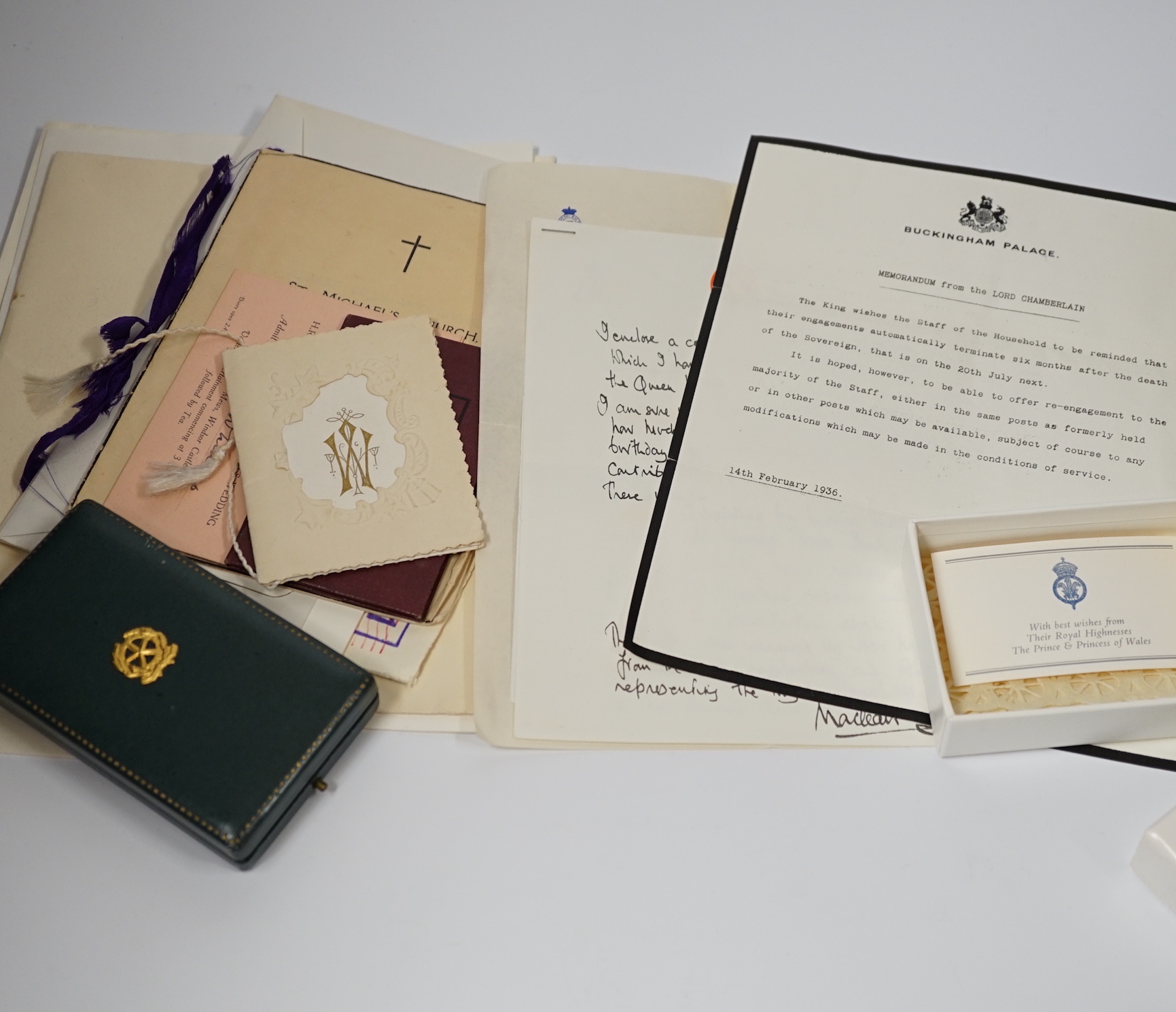 An archive of Royal memorabilia mainly relating to one employee of the Royal Household including; a personal letter from George, Duke of Kent on St. James’ Palace headed notepaper, an original official photocopy of a let